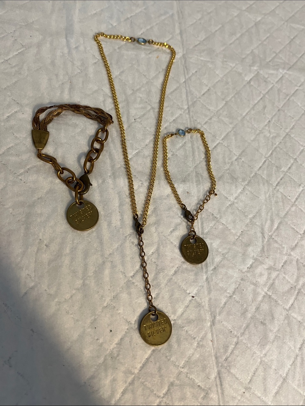 Gold-Tone Coin Pendant Necklace and Bracelet Set with Blue Accent